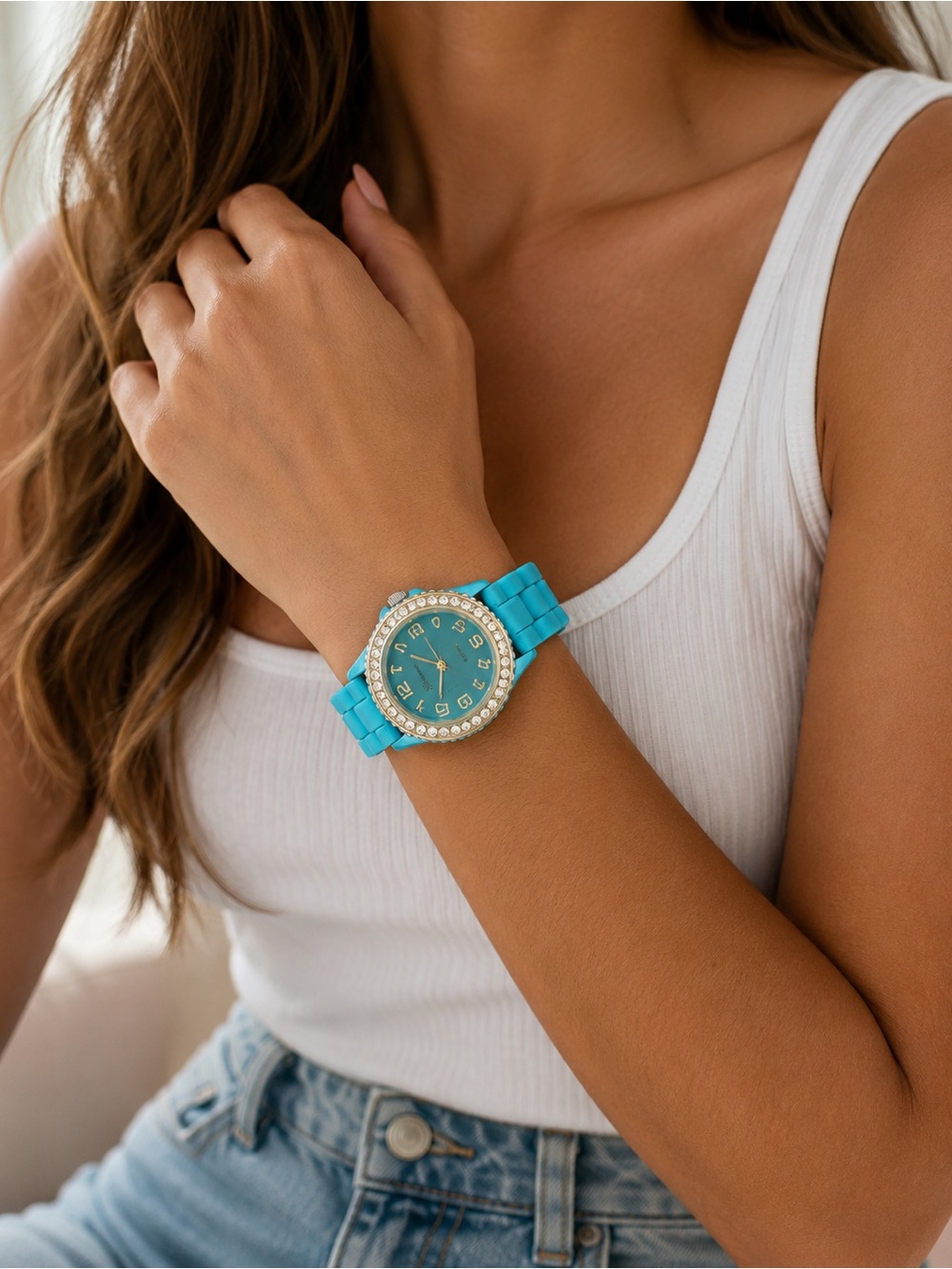 Geneva Platinum Turquoise Rhinestone Silicone Strap Watch Needs Battery